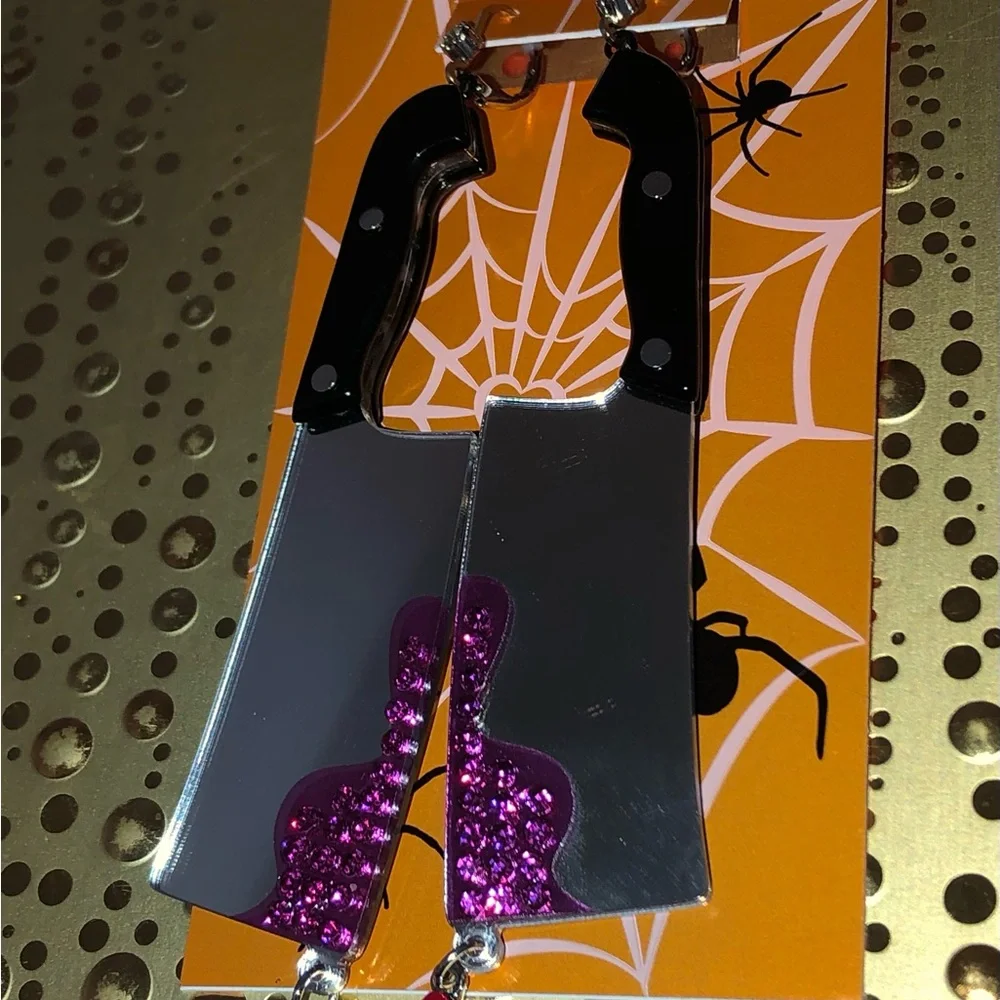 Authentic Betsey Johnson Earrings - Halloween Cleaver, Dangle Rhinestone NWT